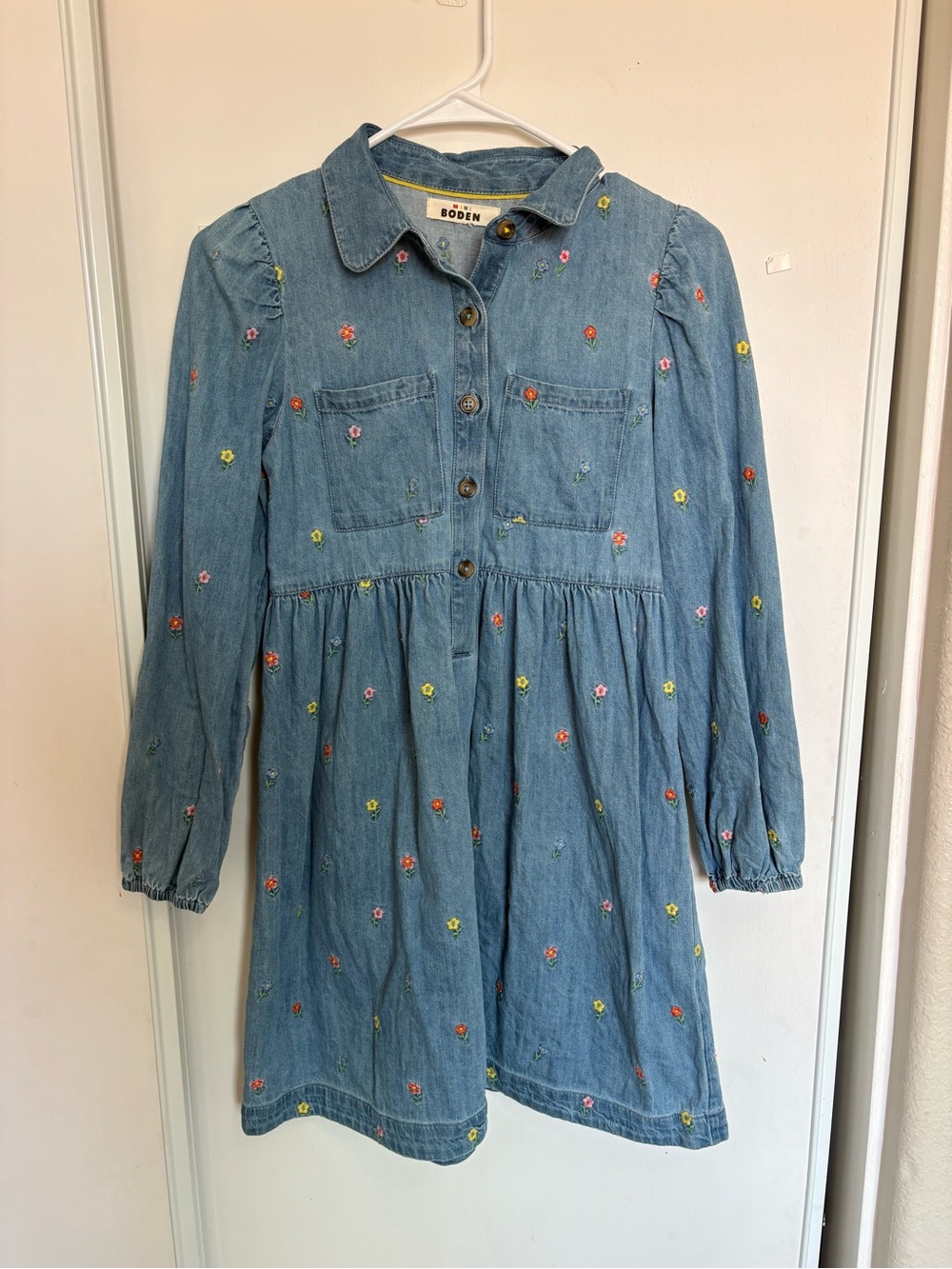 Mini Boden Chambray Embroidered Floral Dress Girl's Size 13-14 Years